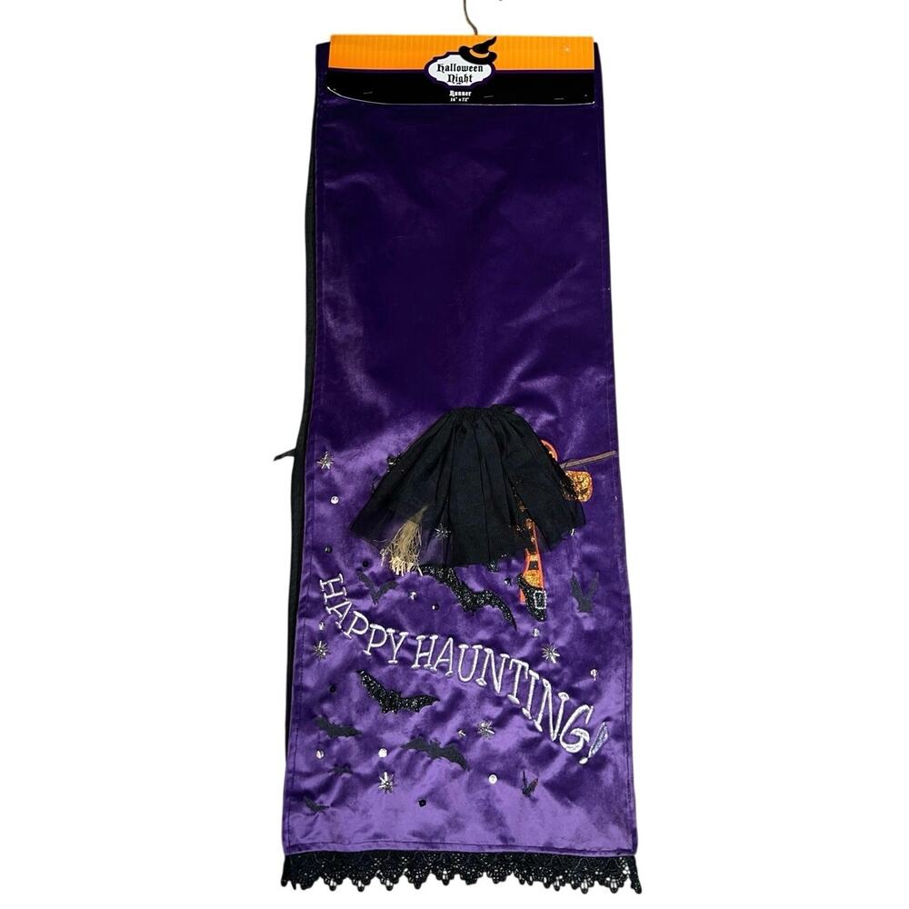 Halloween whimsy purple velvet witch on broom table runner home decor new 14x72